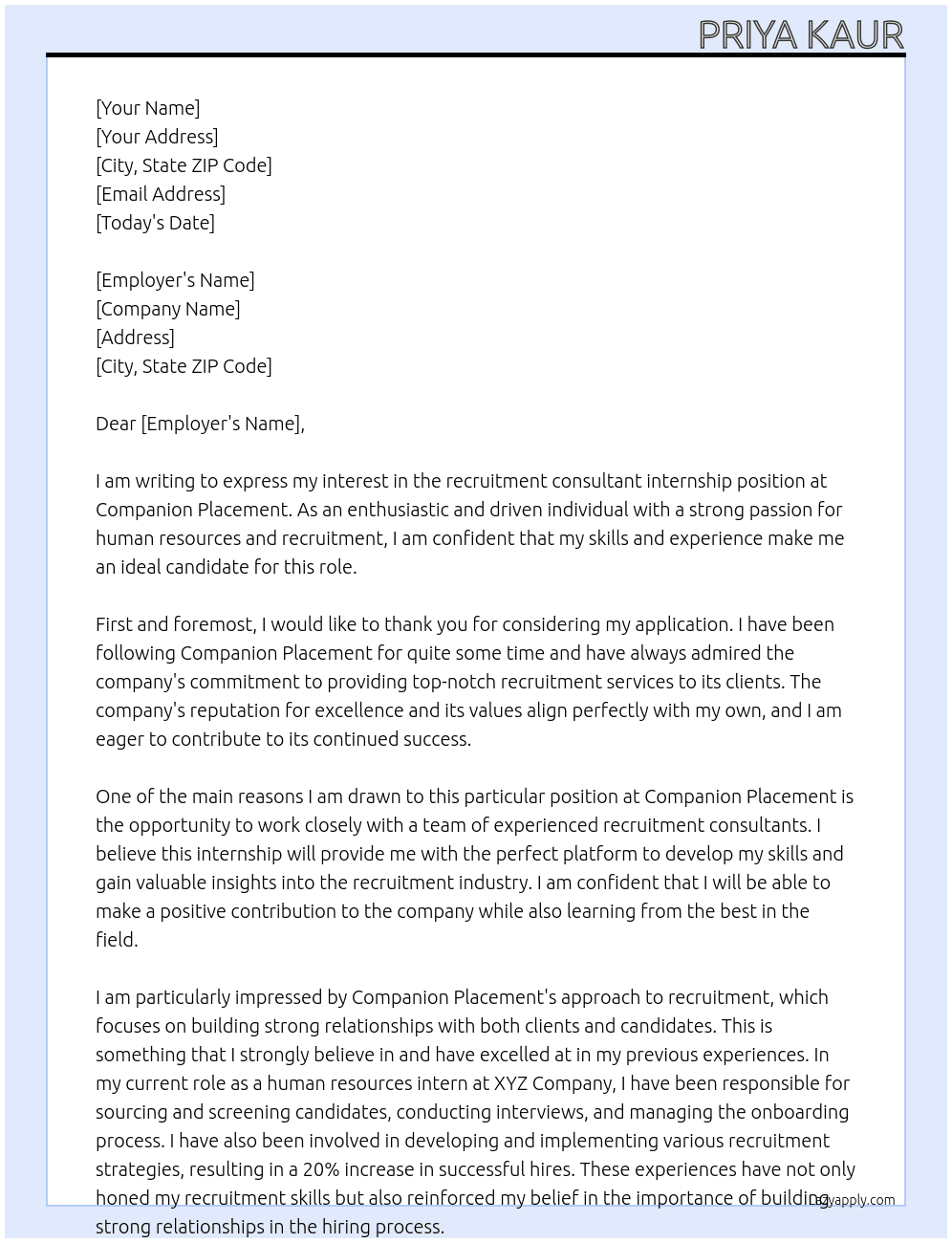 recruitment consultant internship At companion placement Cover Letter