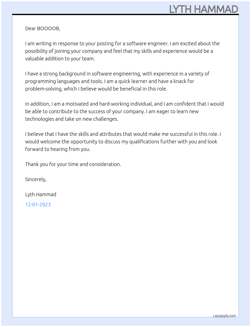 software engineer At BOOOOOB Cover Letter