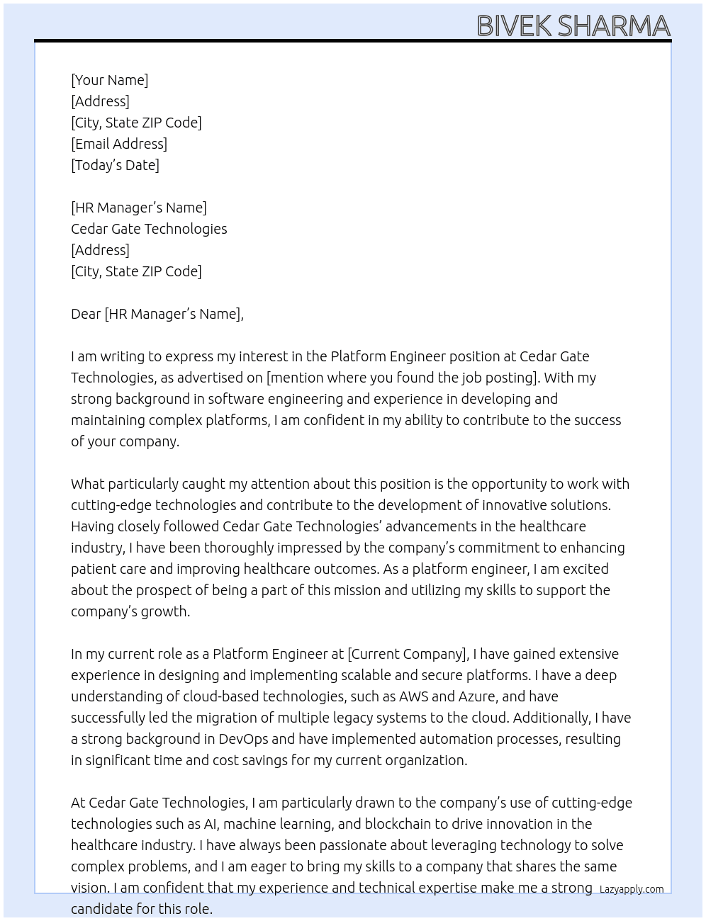 Platform Engineer At Cedar Gate Technologies Cover Letter