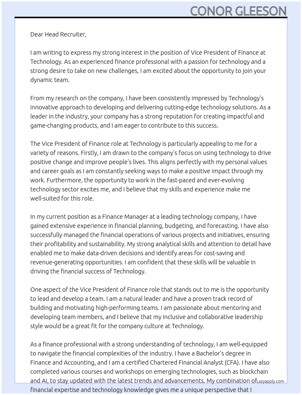 Vice President of Finance At Technology Cover Letter