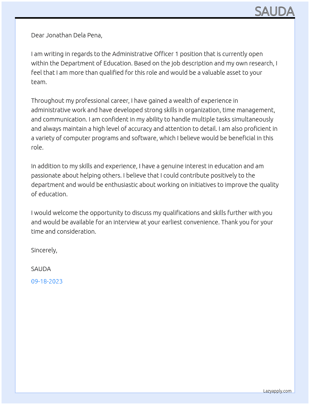 Administrative Officer 1 At Department of Education Cover Letter