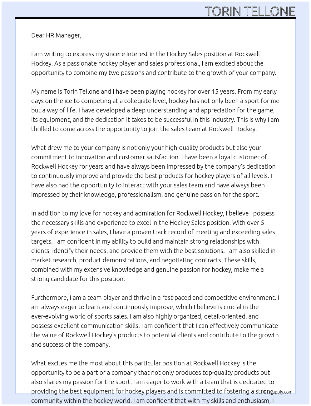 hockey sales At Rockwell Hockey  Cover Letter