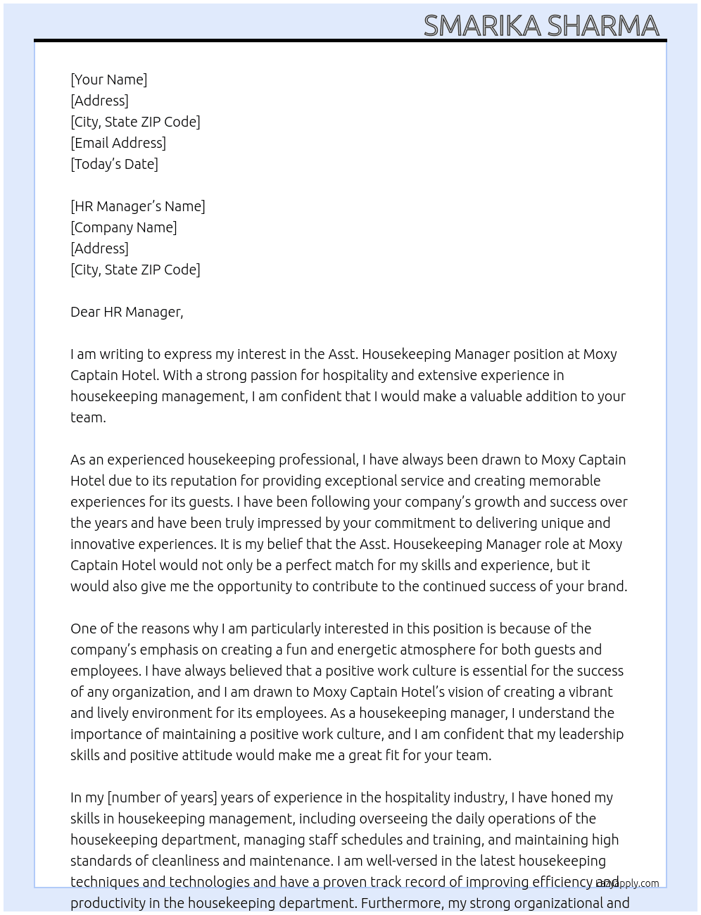 Asst.Housekeeping manager  At Moxy Captain Hotel  Cover Letter