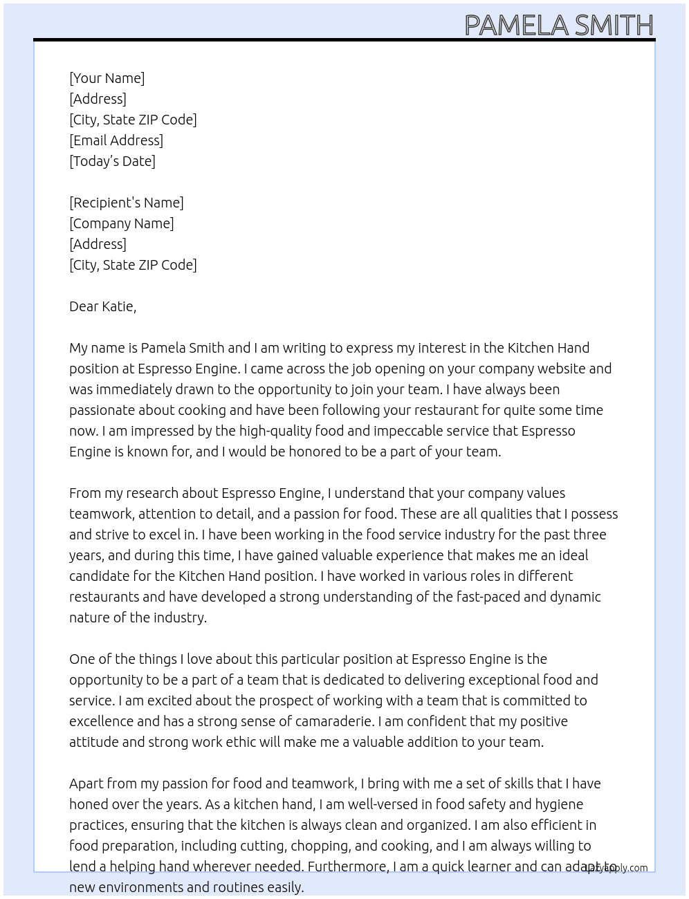 Kitchen hand  At Espresso engine  Cover Letter