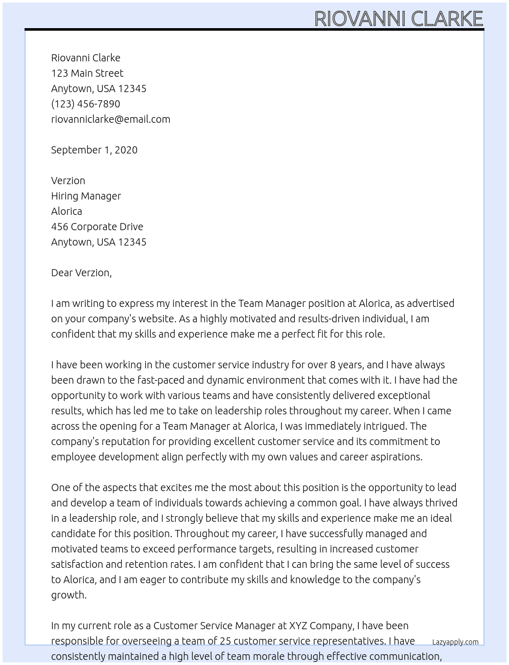 Team Manager At Alorica Cover Letter