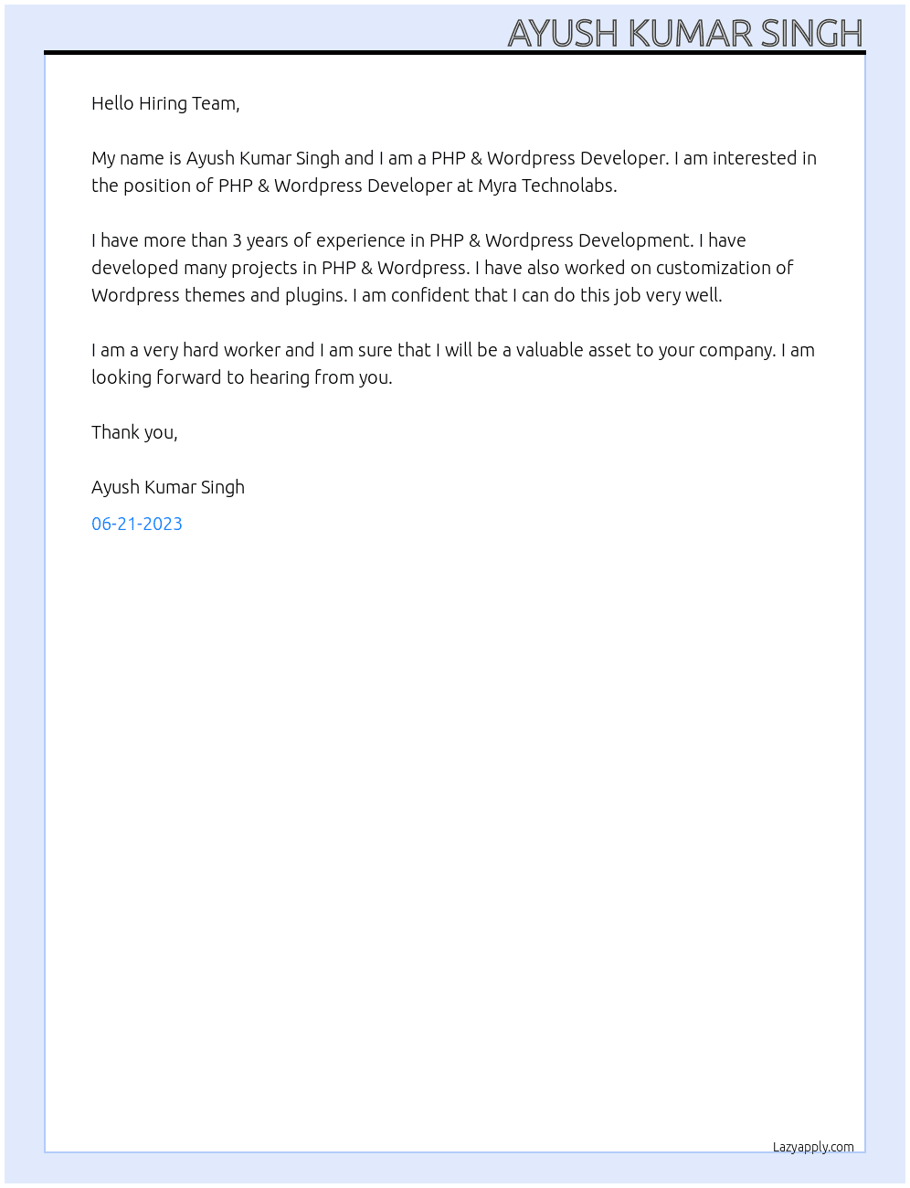 PHP & Wordpress Developer At Myra Technolabs Cover Letter