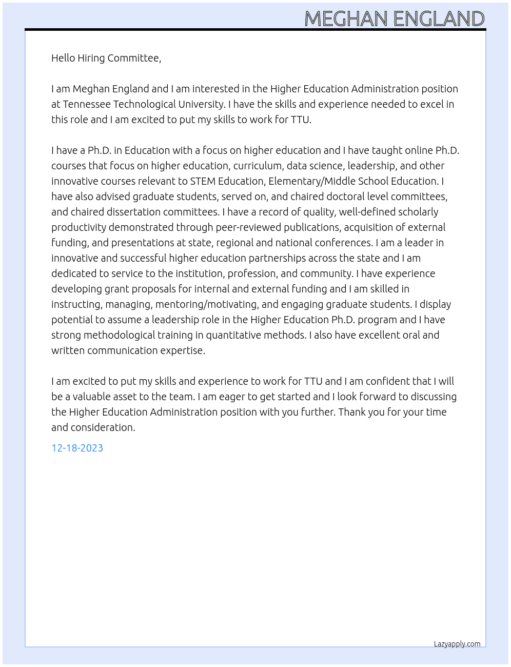 Higher Education Administration At Tennessee Technological University Cover Letter