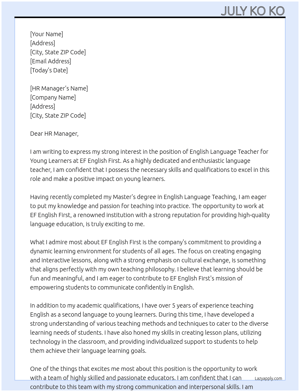 English Language Teacher for Young Learners At EF English First Cover Letter