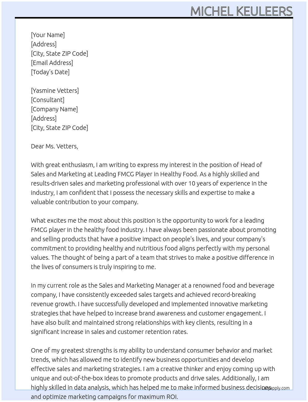 Head of Sales and Marketing At Leading FMCG Player in Healthy Food Cover Letter