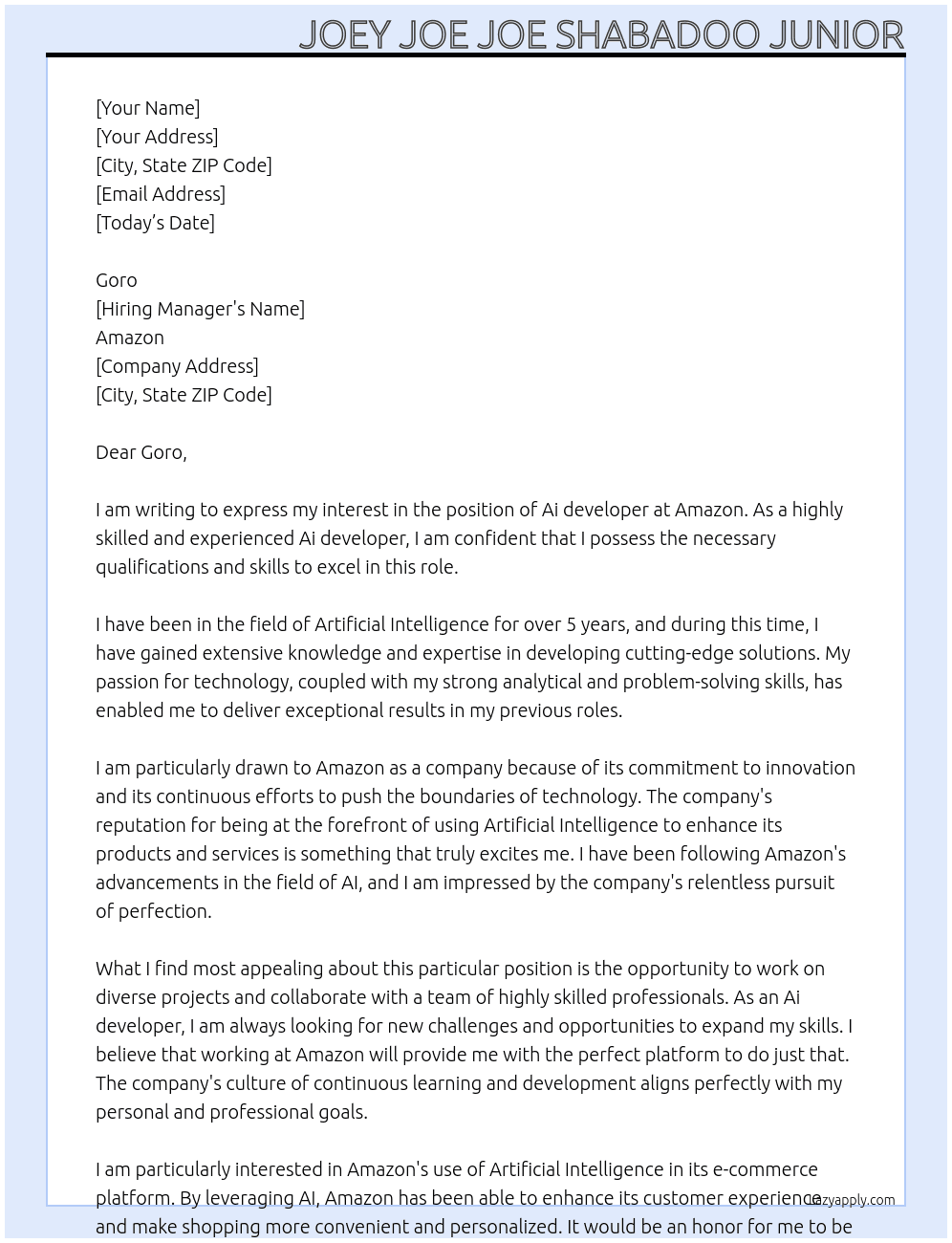 Ai developer At Amazon  Cover Letter