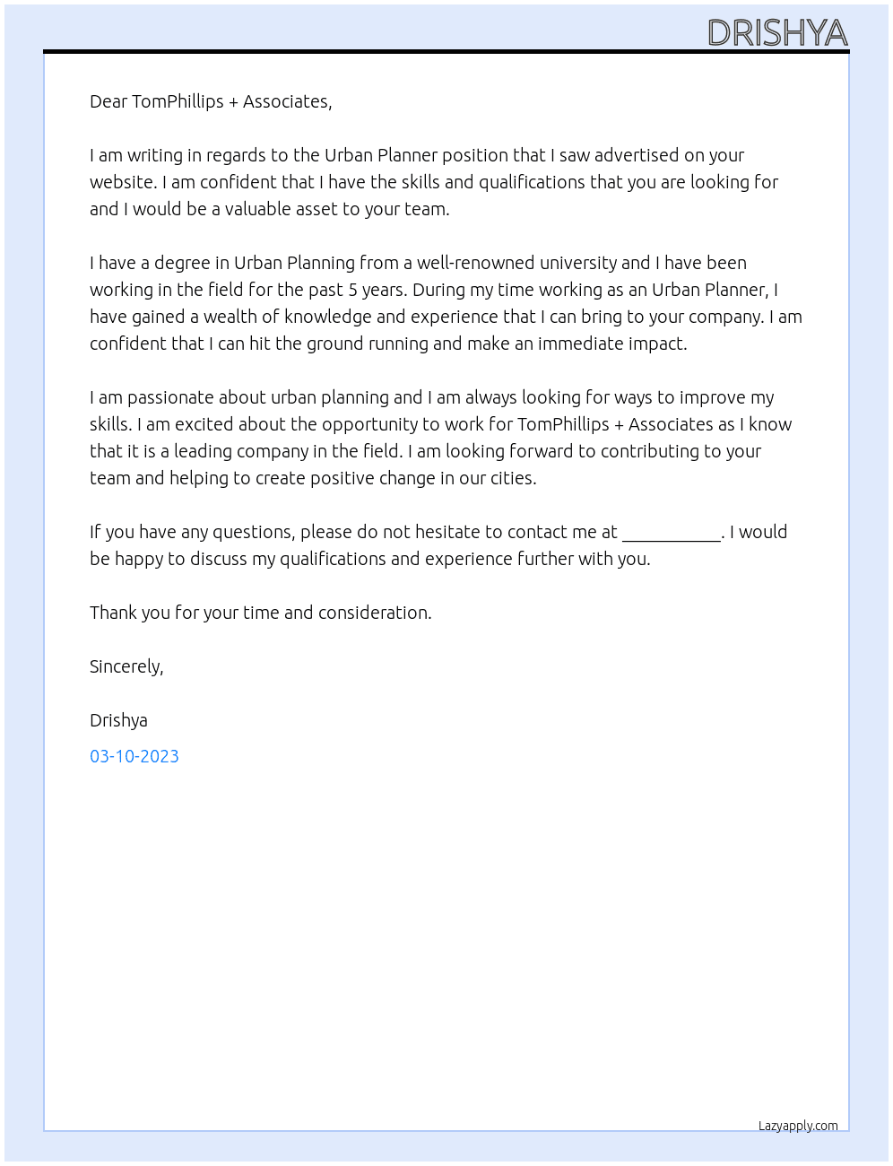 Urban Planner At TOMPHILLIPS + ASSOCIATES Cover Letter