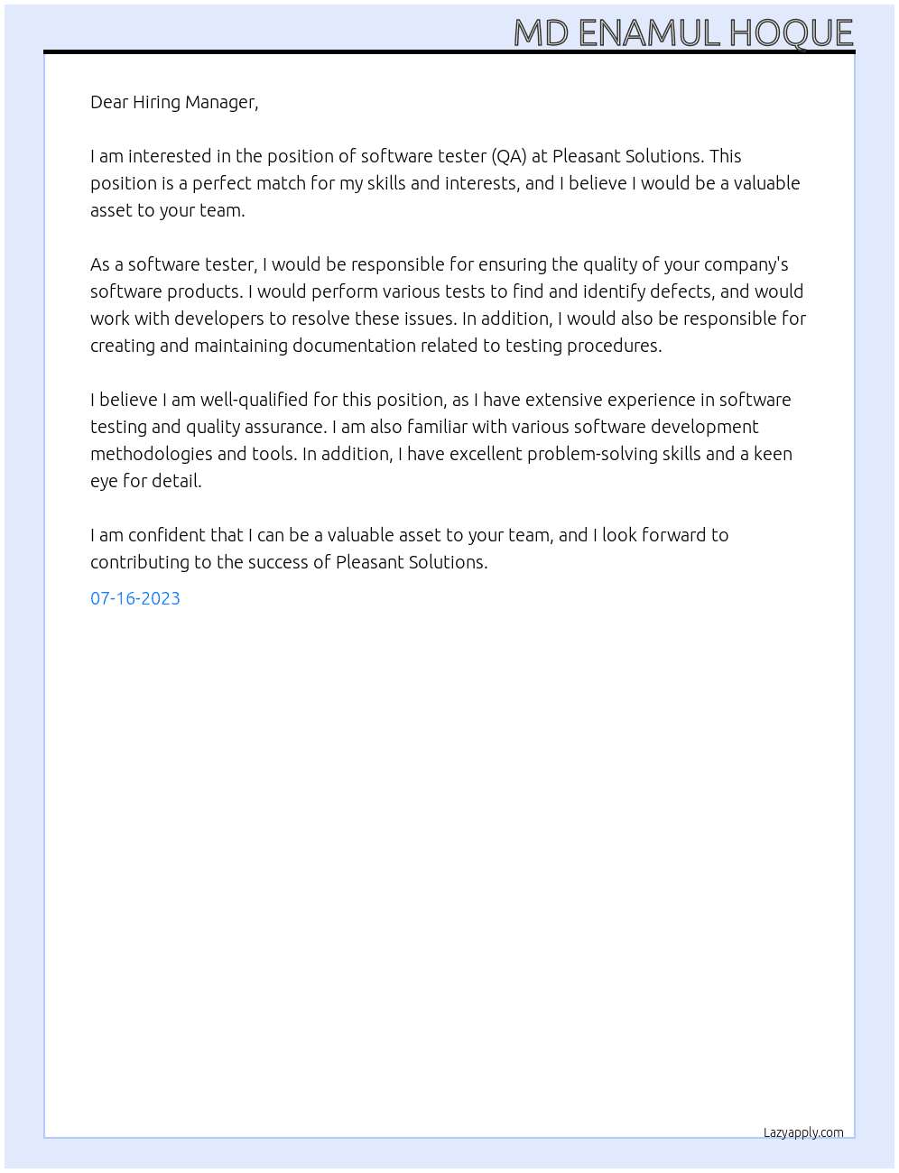 Software Tester (QA) At Pleasant Solutions Cover Letter