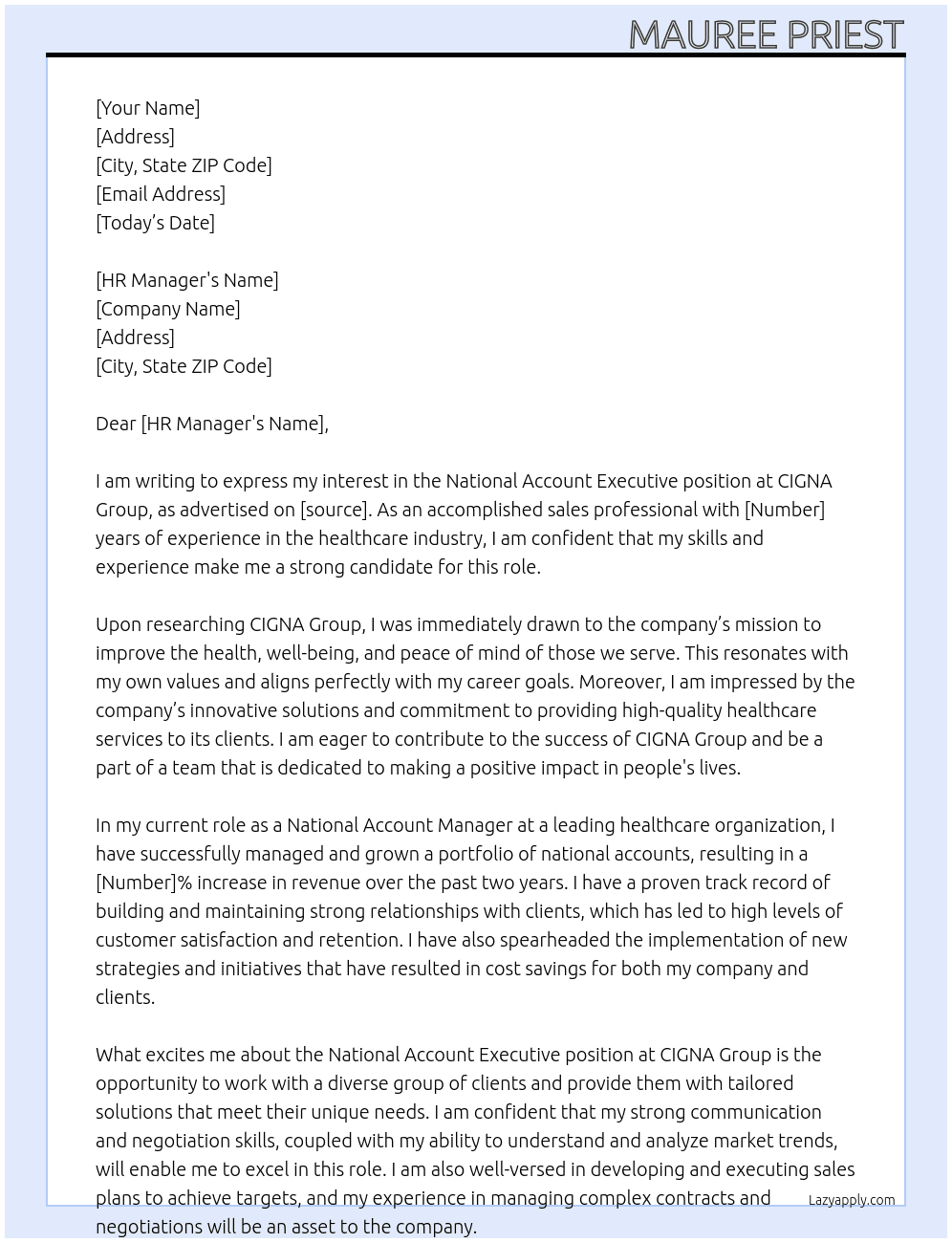 National Account Executive At CIGNA Group Cover Letter