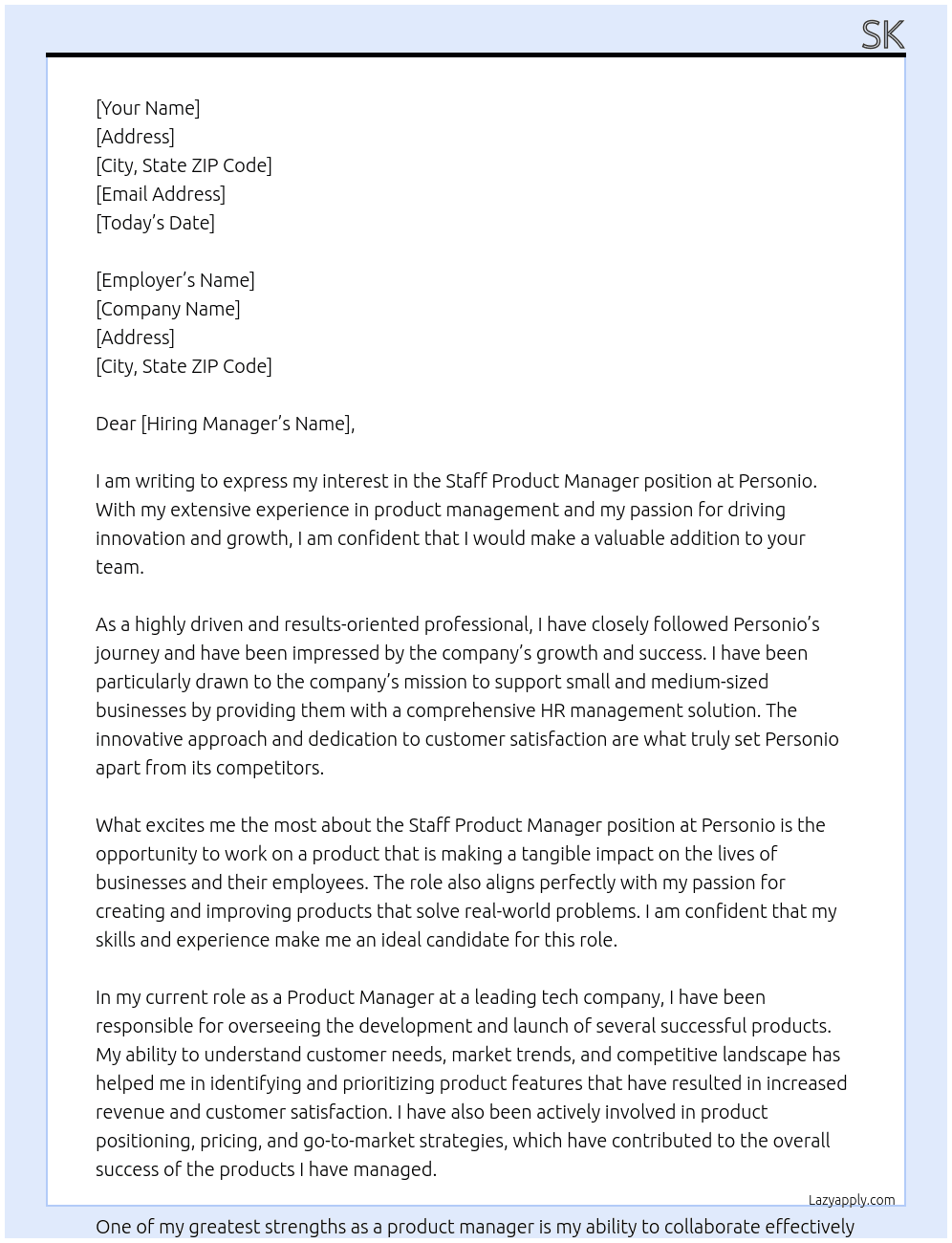 Staff Product Manager At Personio Cover Letter