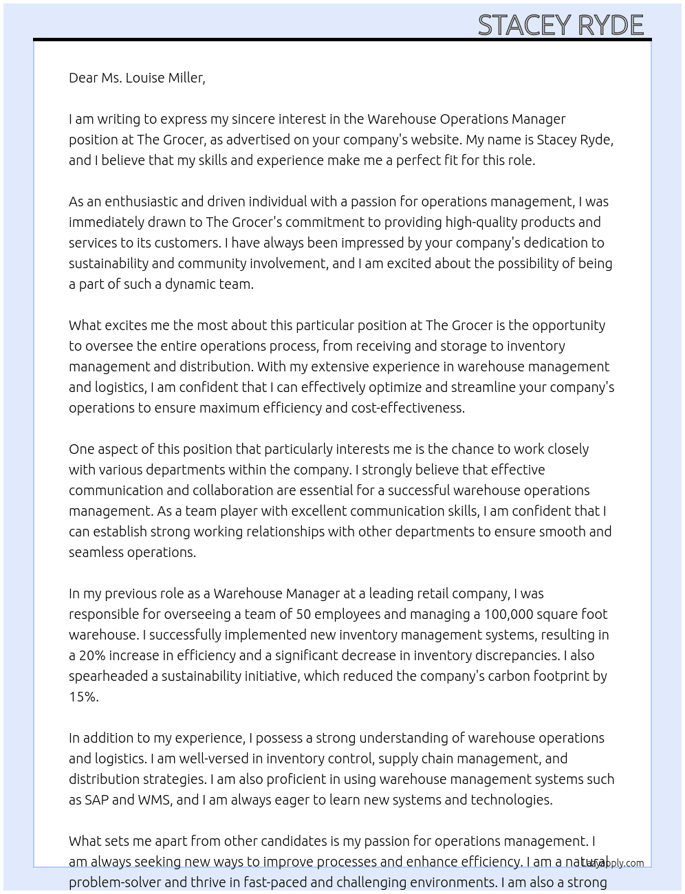 Warehouse Operations Manager At The Grocer  Cover Letter