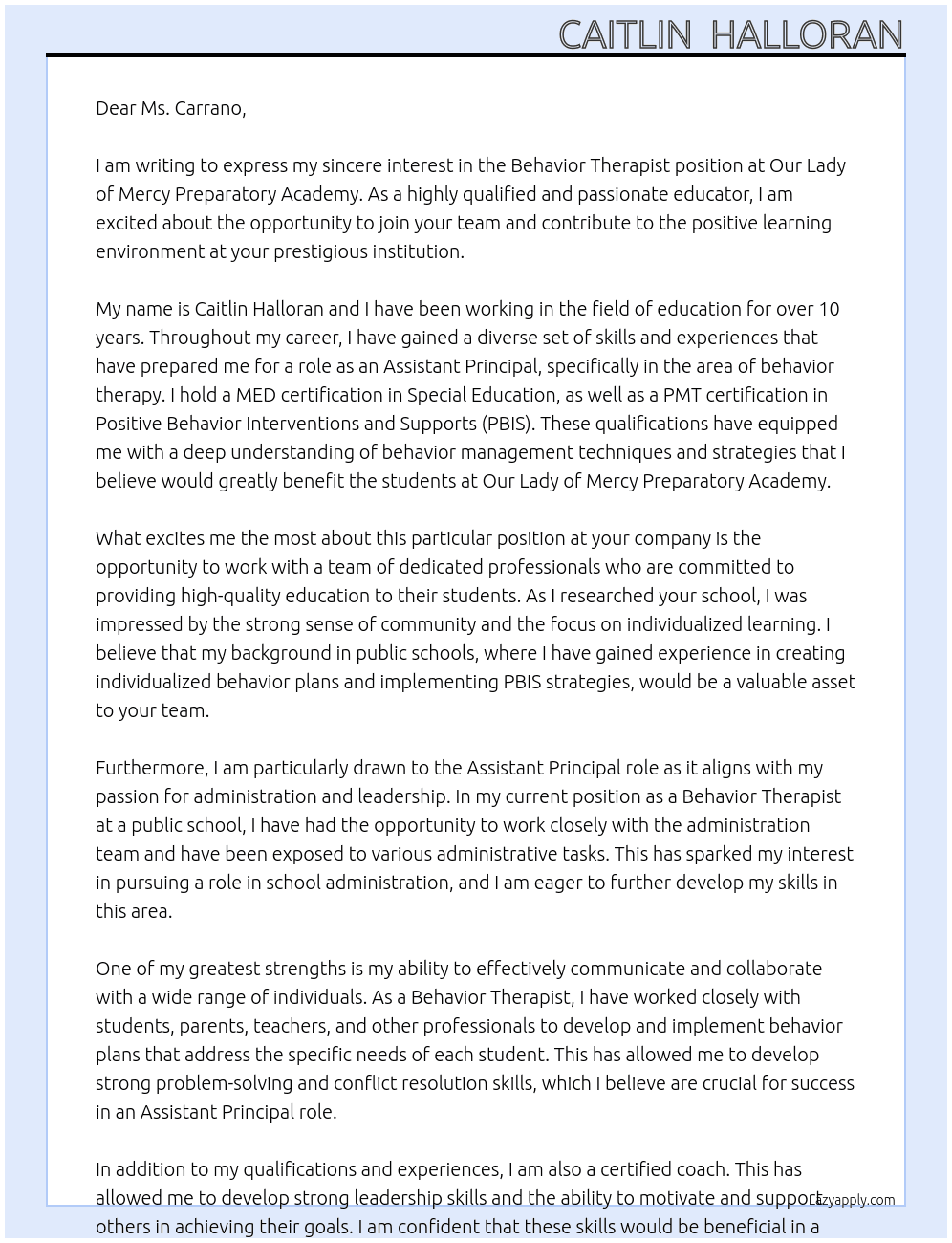 Behavior Therapist  At  Our Lady of Mercy Preparatory Academy Cover Letter