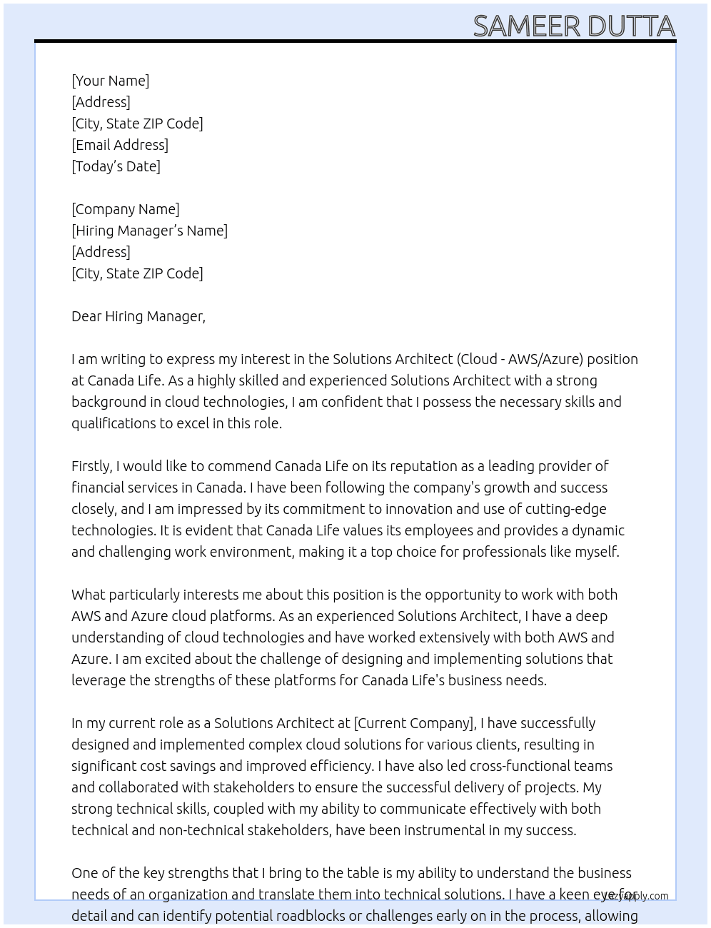 Solutions Architect (Cloud - AWS/Azure)  At CANADA LIFE Cover Letter