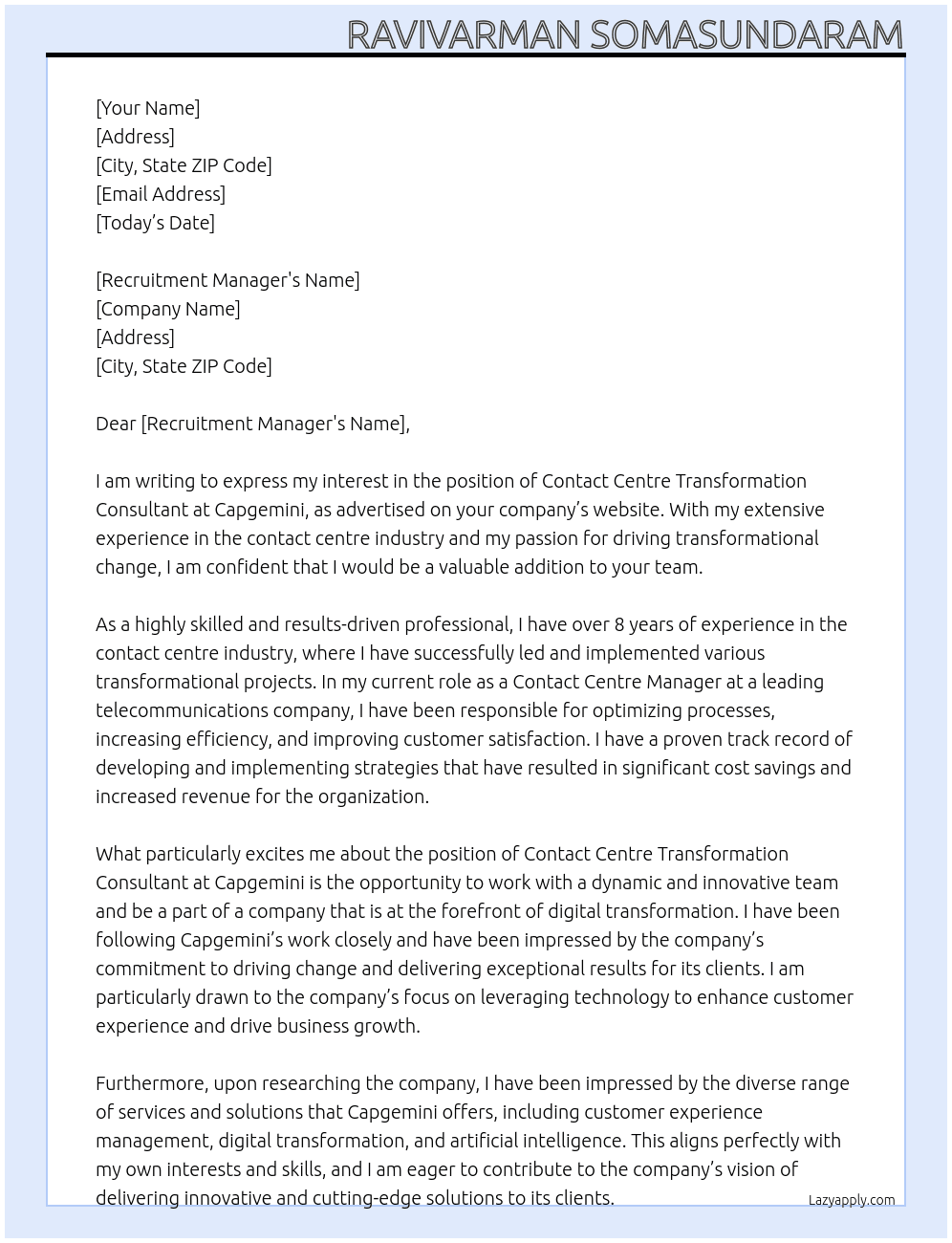 Cover letter for contact centre transformation consultant - LazyApply