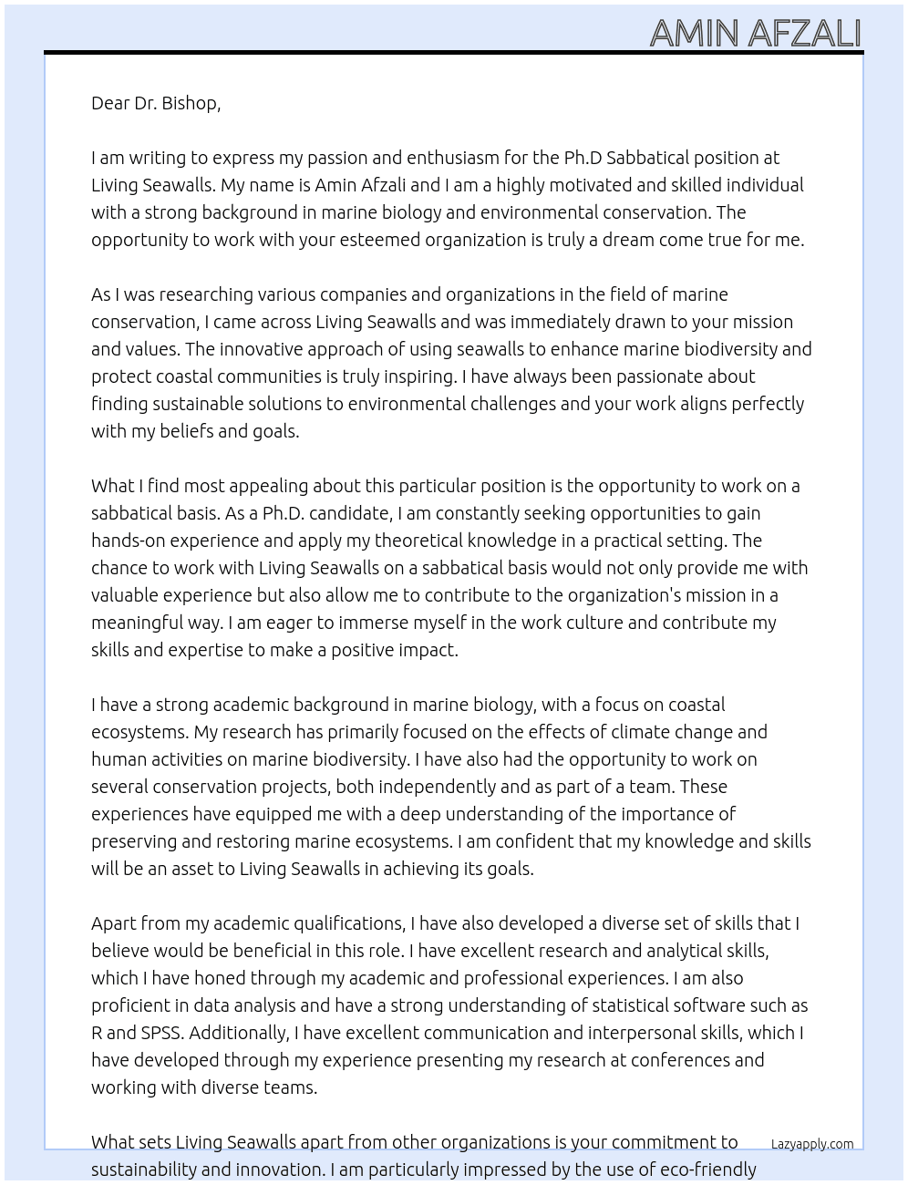Ph.D Sabbatical At Living Seawalls Cover Letter