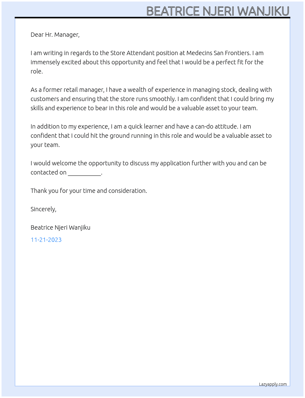 Store Attendant At Medecins San Frontiers Cover Letter