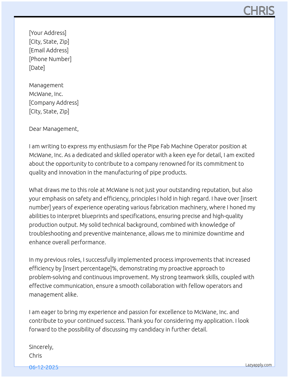 Cover letter for pipe fab machine operator - LazyApply