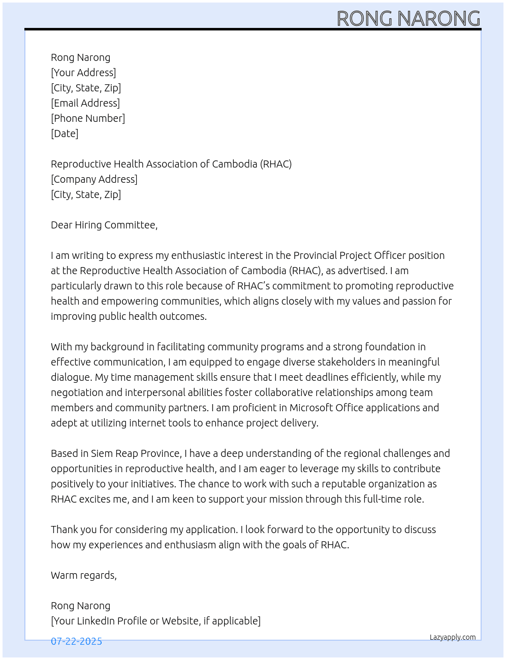 Apply for Provincial Project Officer At ADRA Cambodia Cover Letter