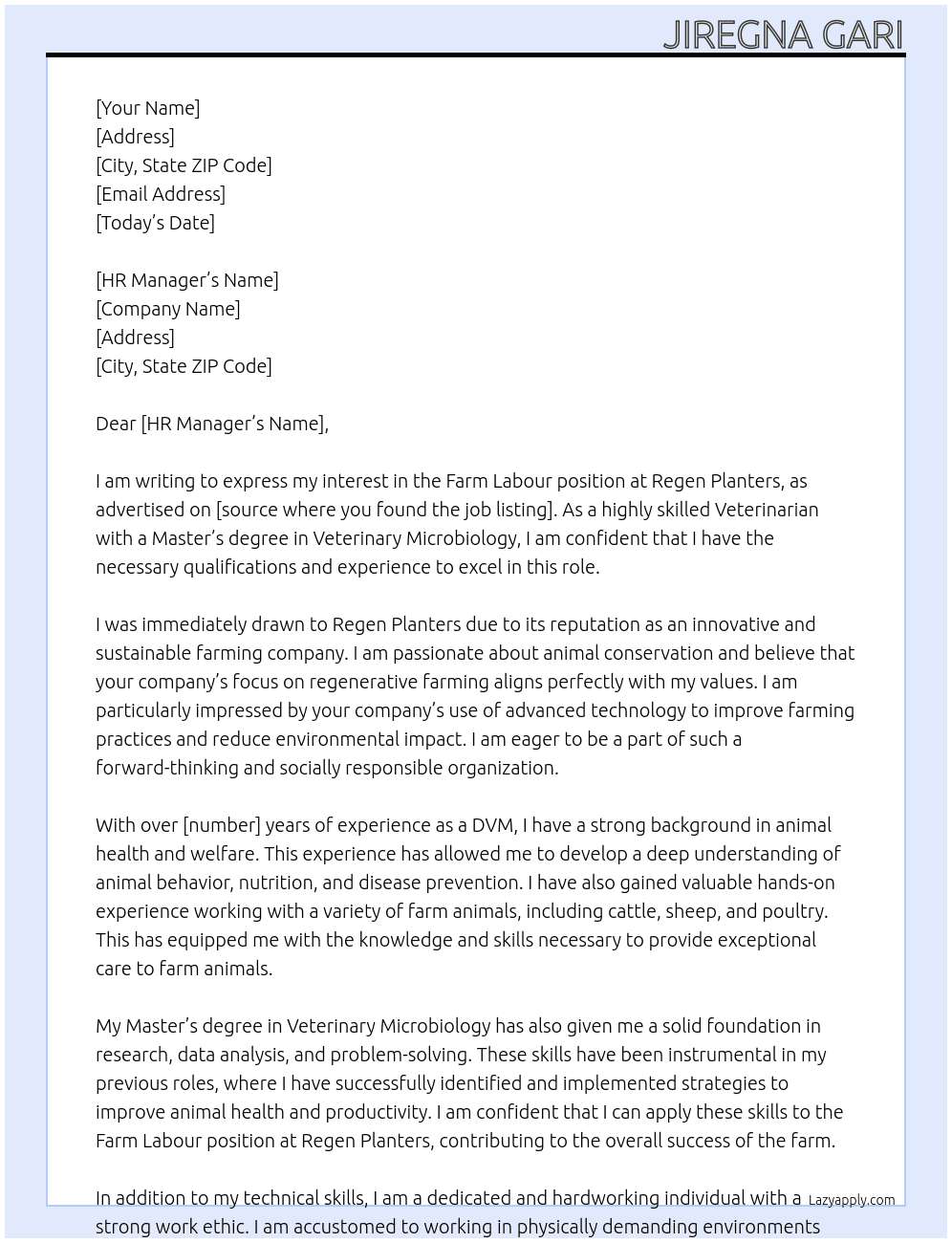  Farm Labour (Farming, Animals & Conservation) At Regen Planters Cover Letter