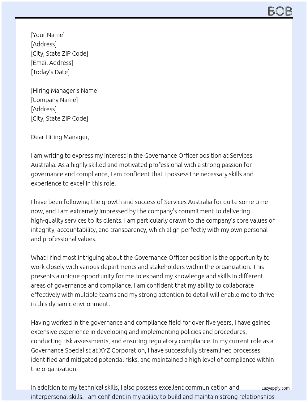 Governance Officer At Services Australia Cover Letter