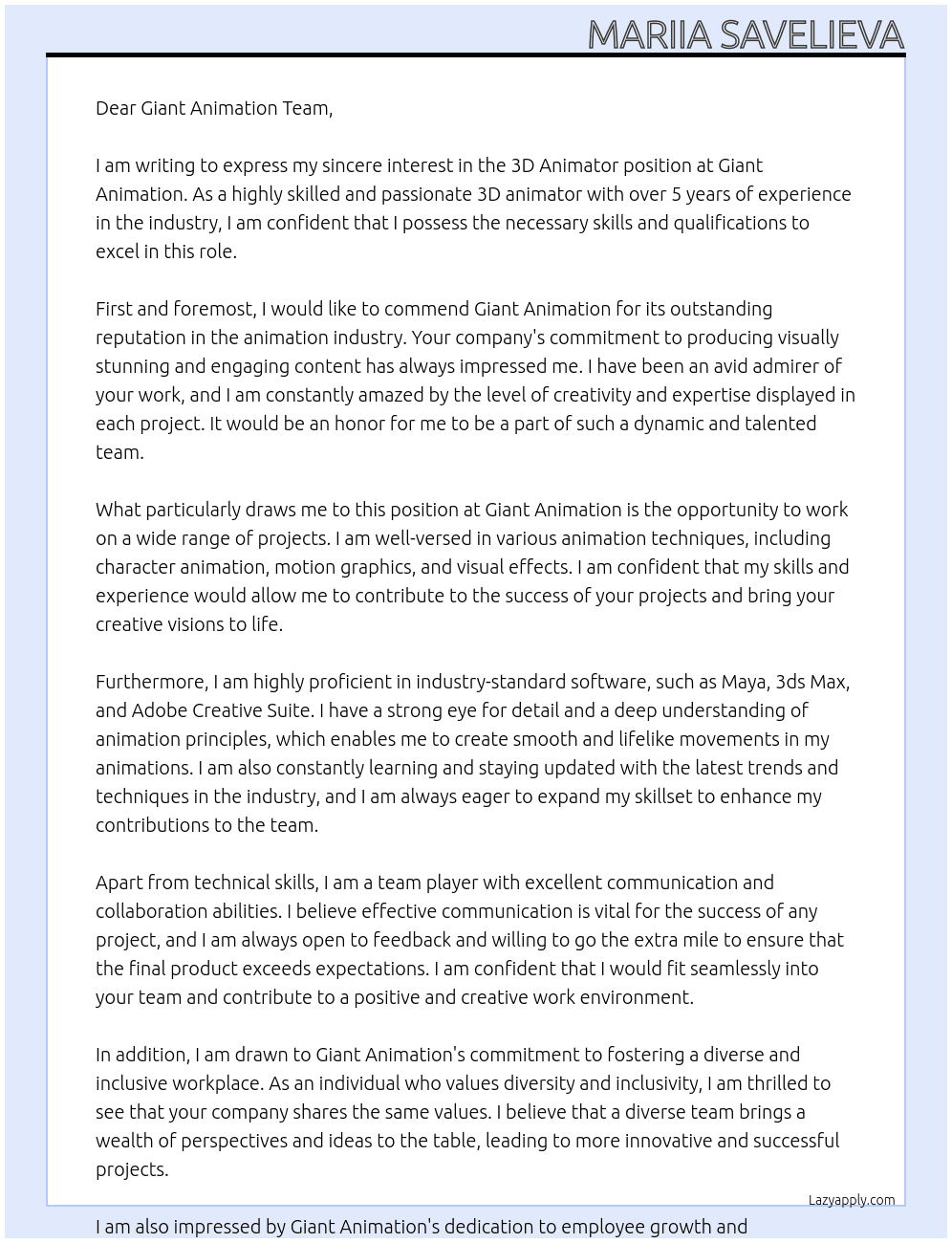3d Animator At Giant Animation Cover Letter