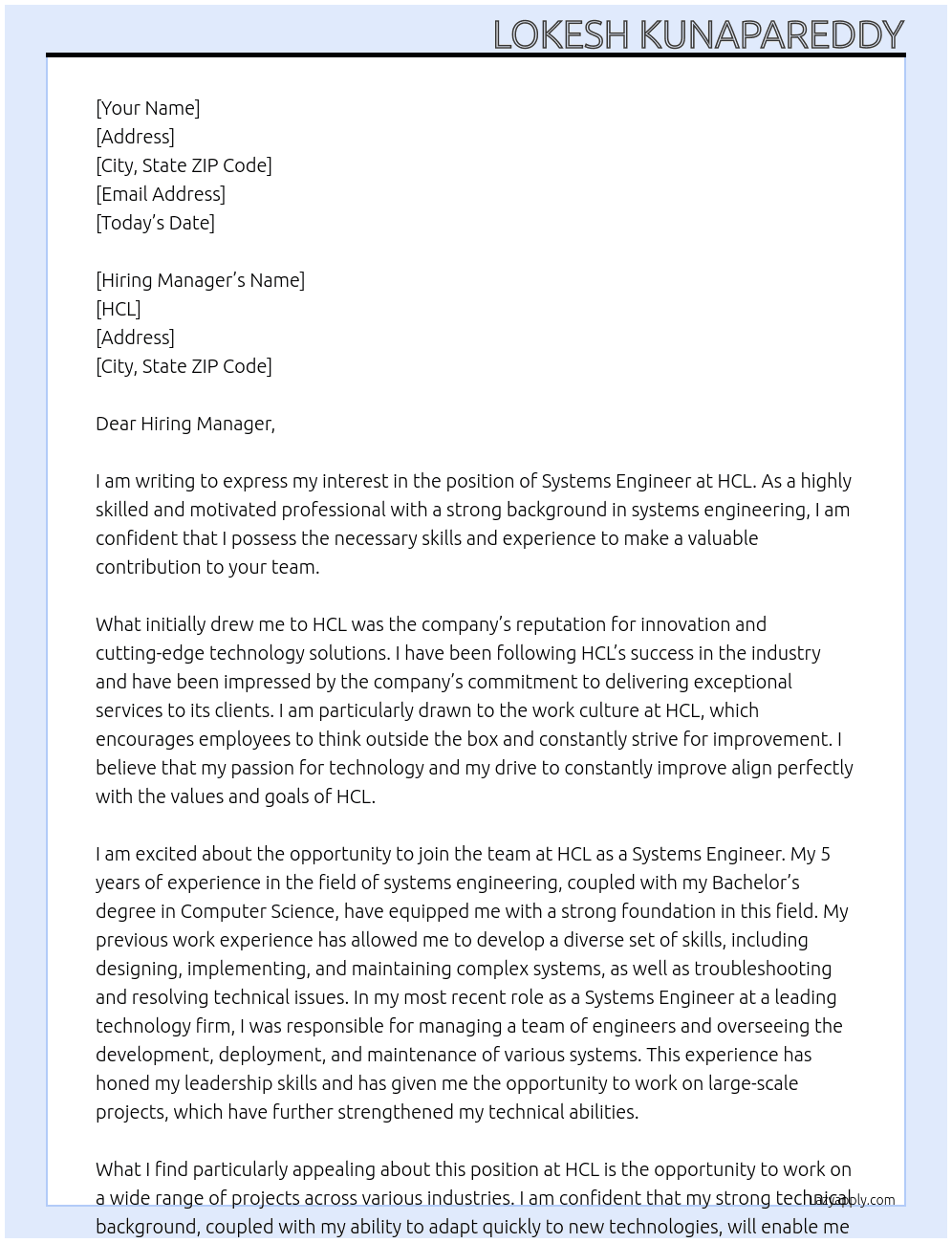 systems engineer At hcl Cover Letter