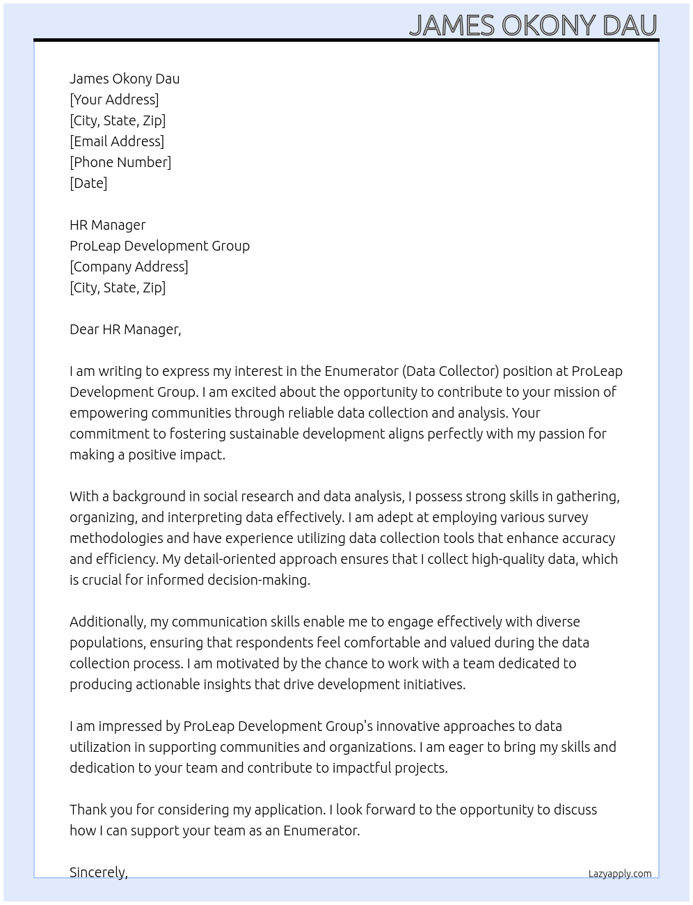 Enumerators (Data Collectors) At ProLeap Development Group Cover Letter