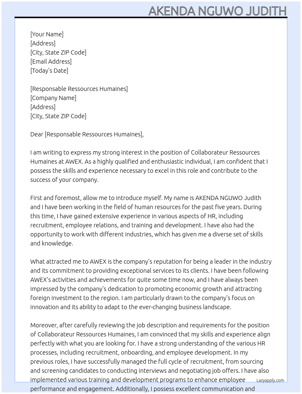 Collaborateur ressources humaines At AWEX Cover Letter
