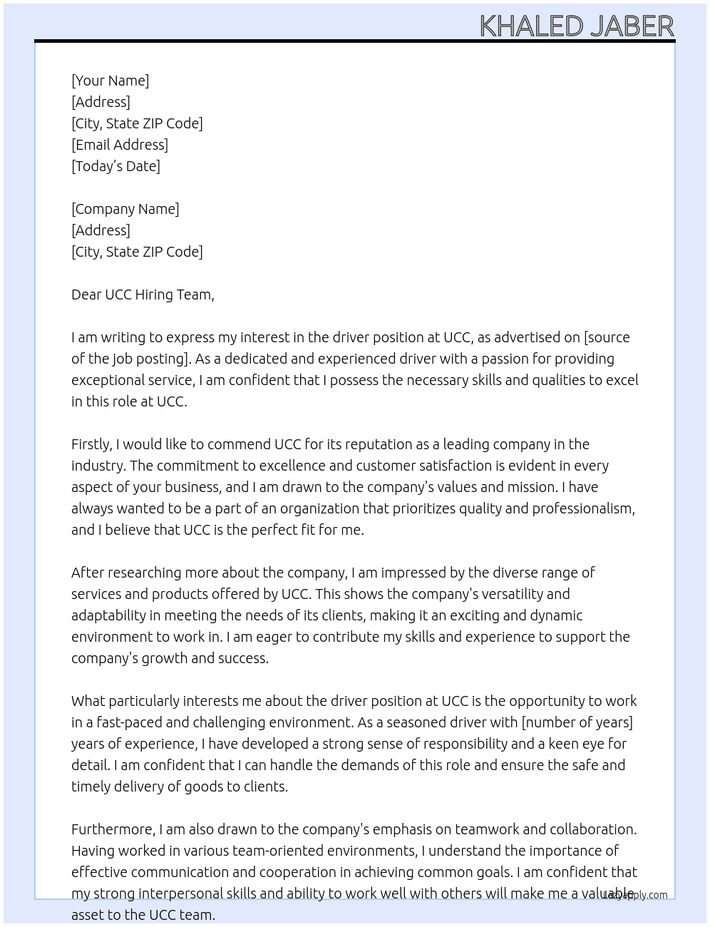 driver At UCC Cover Letter