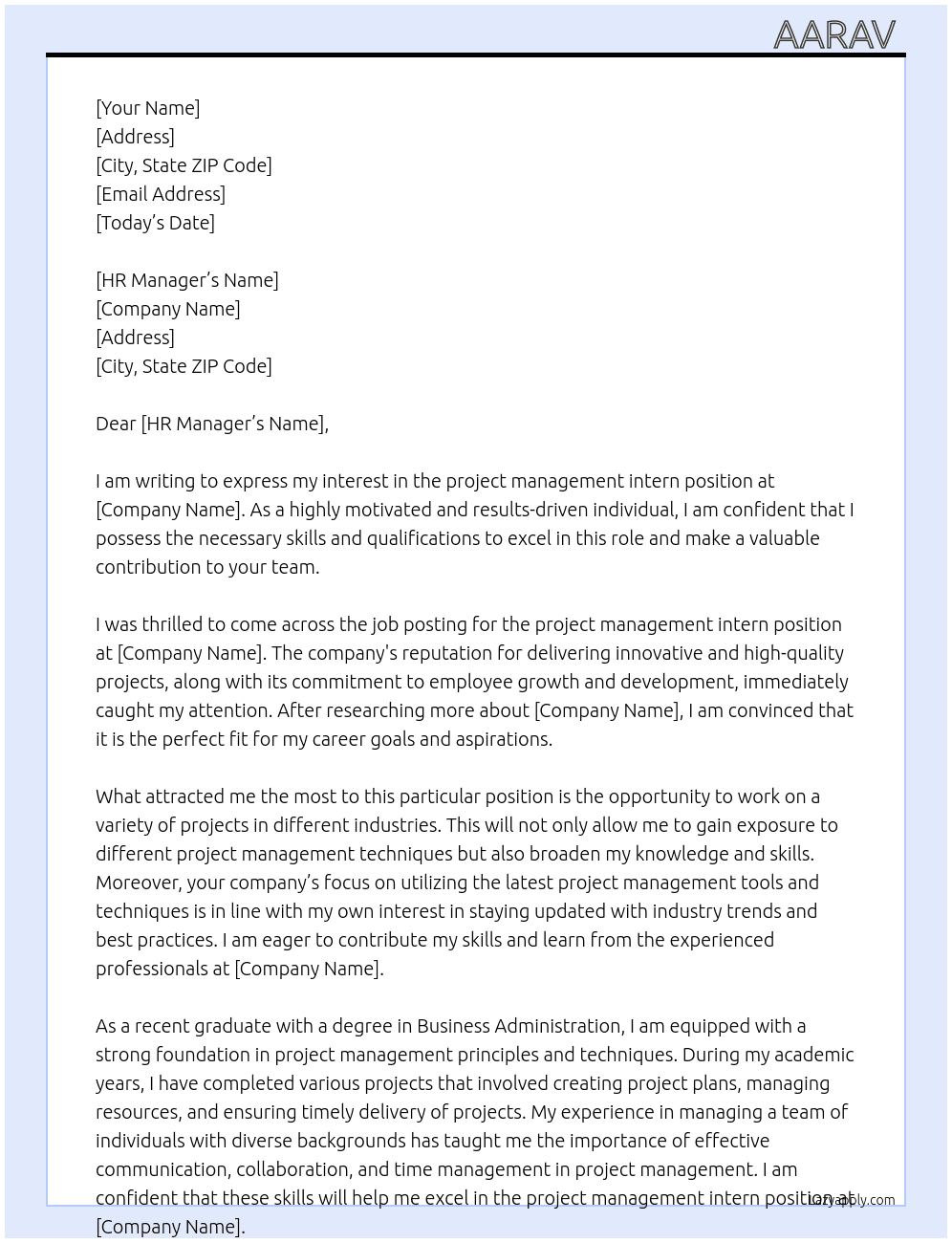 project management Intern At xyz Cover Letter