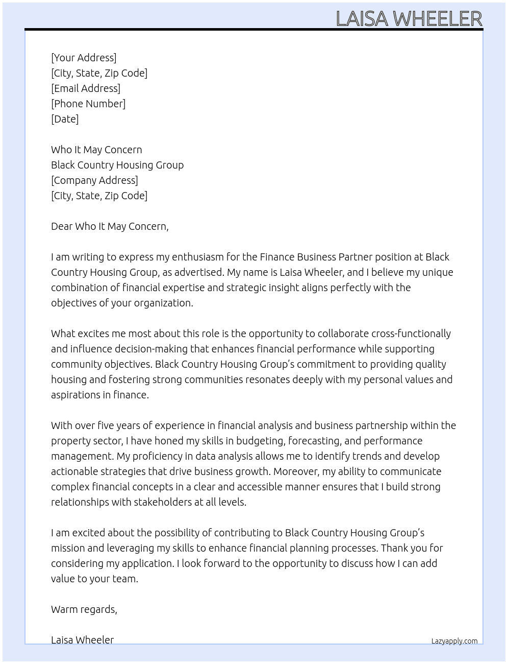 Finance business partner At Black Country Housing Group Cover Letter