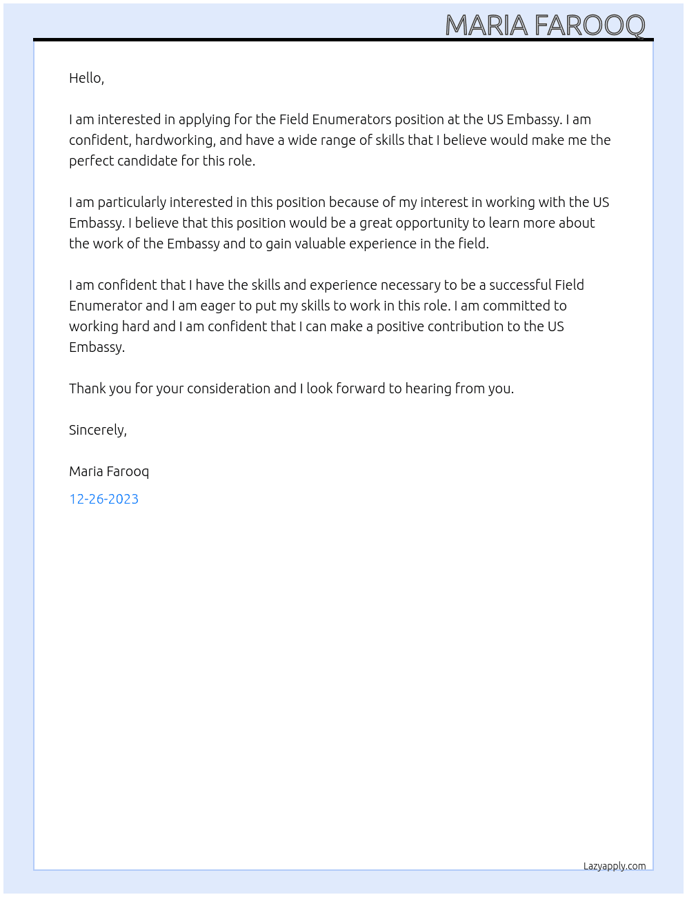 Field Enumerators  At US Embassy  Cover Letter