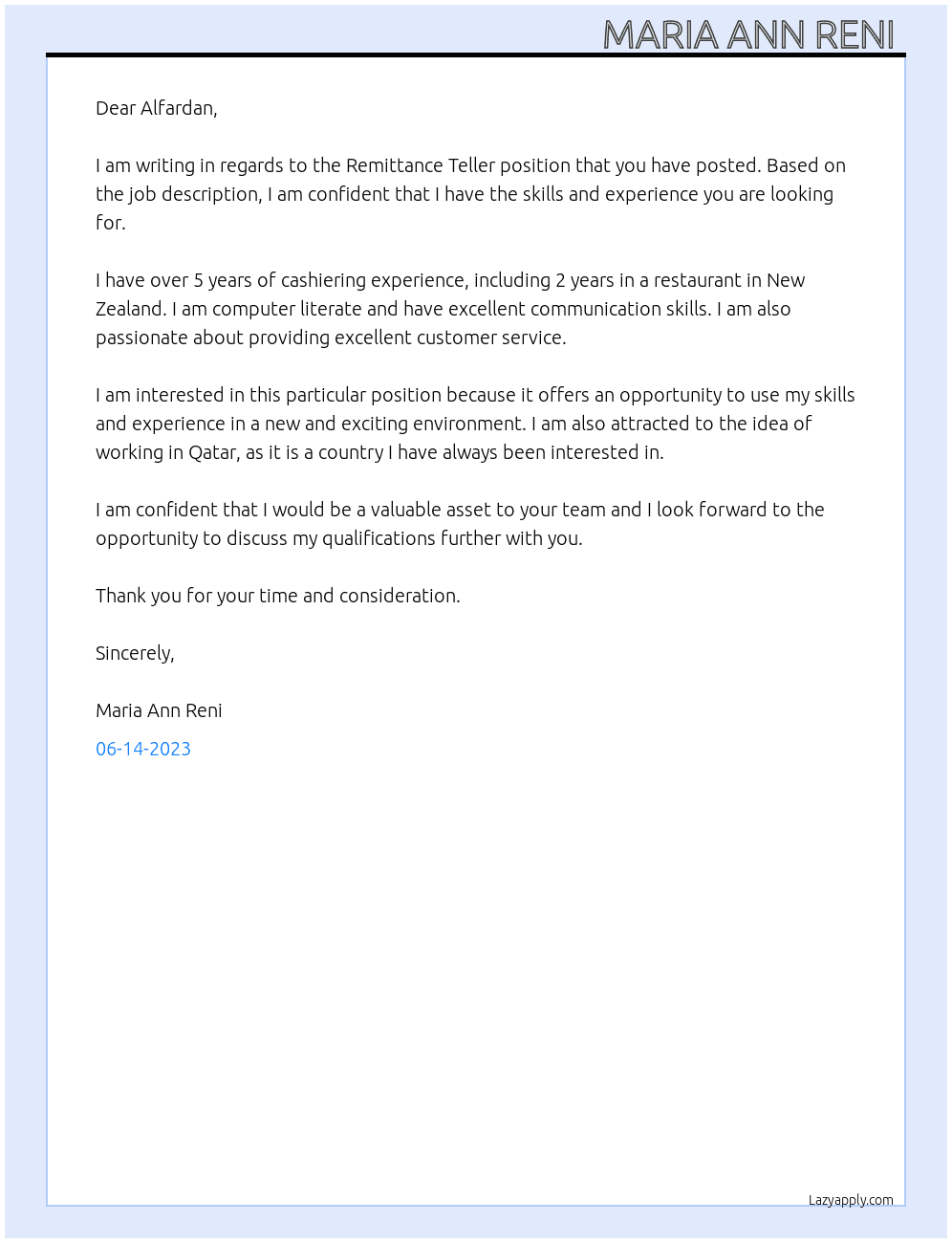 Remittance teller At Alfardan Cover Letter