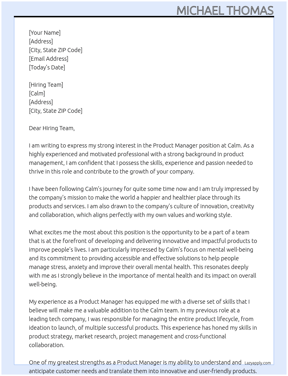Product Manager At Calm Cover Letter