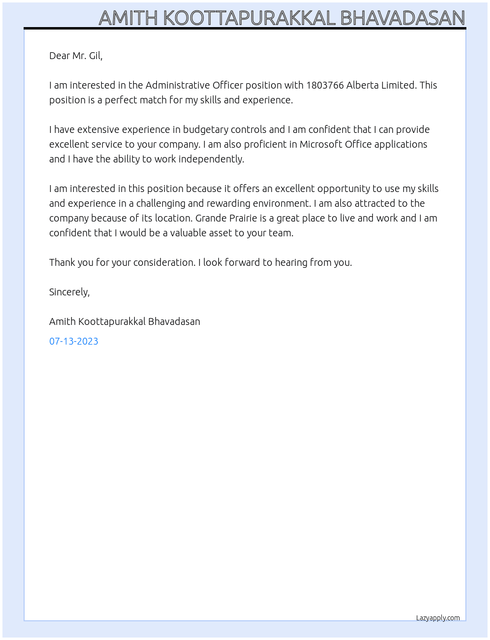 Administrative Officer At  1803766 Alberta Limited Cover Letter