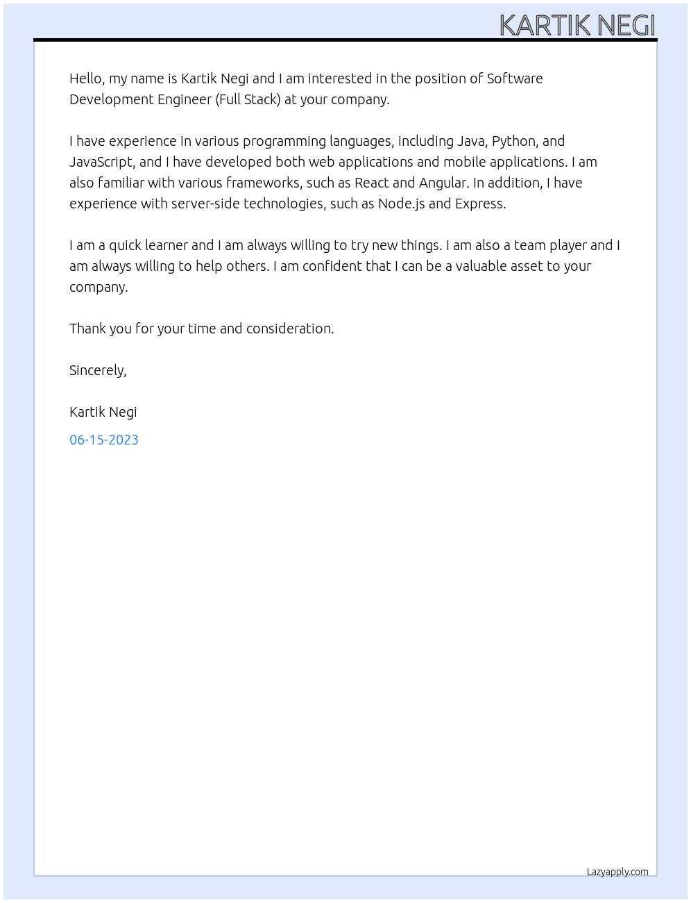 Software Development Engineer (Full Stack) At Kartik Negi Cover Letter
