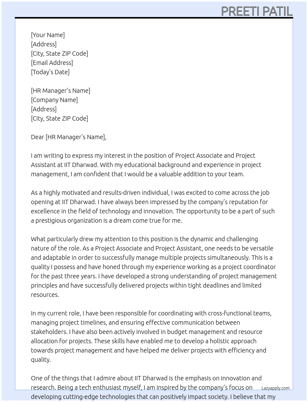 Project Associate and Project Assistant At IIT Dharwad Cover Letter