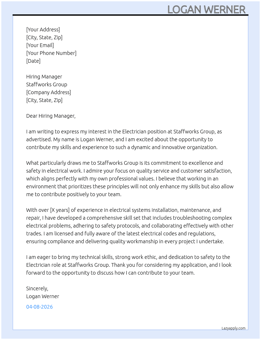 electrician  At Staffworks group  Cover Letter
