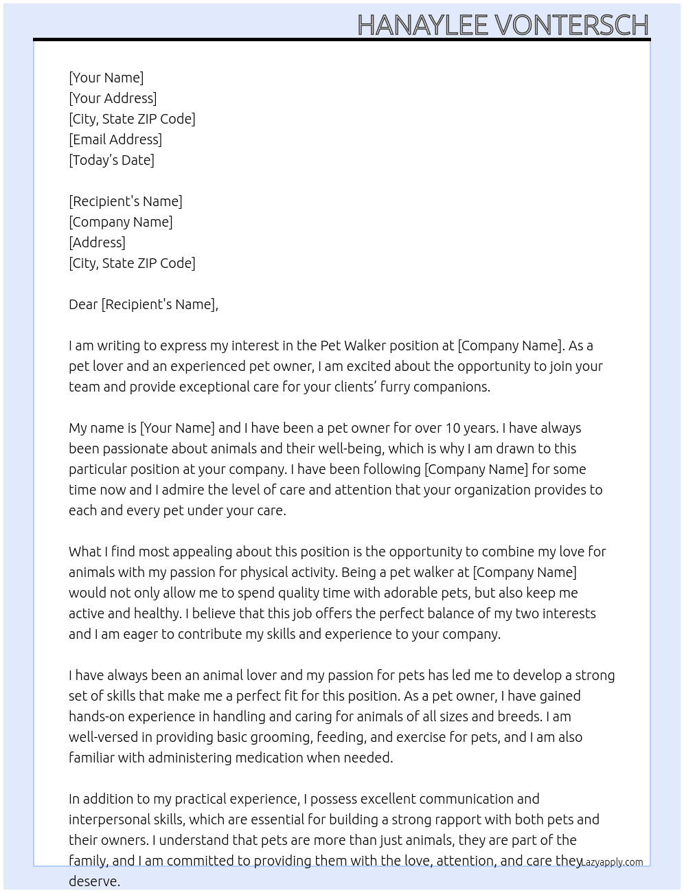 pet walker At pet walker Cover Letter