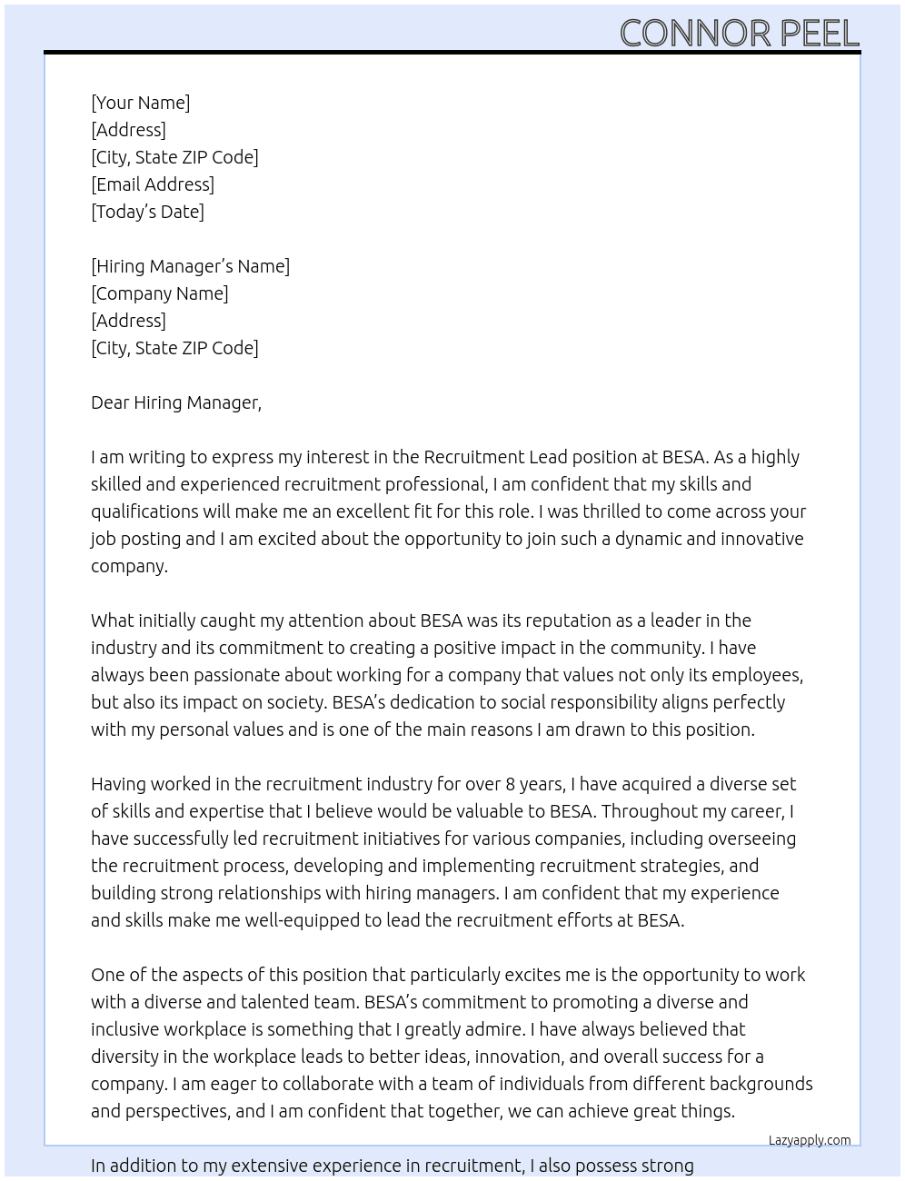 Recruitment Lead At BESA Cover Letter