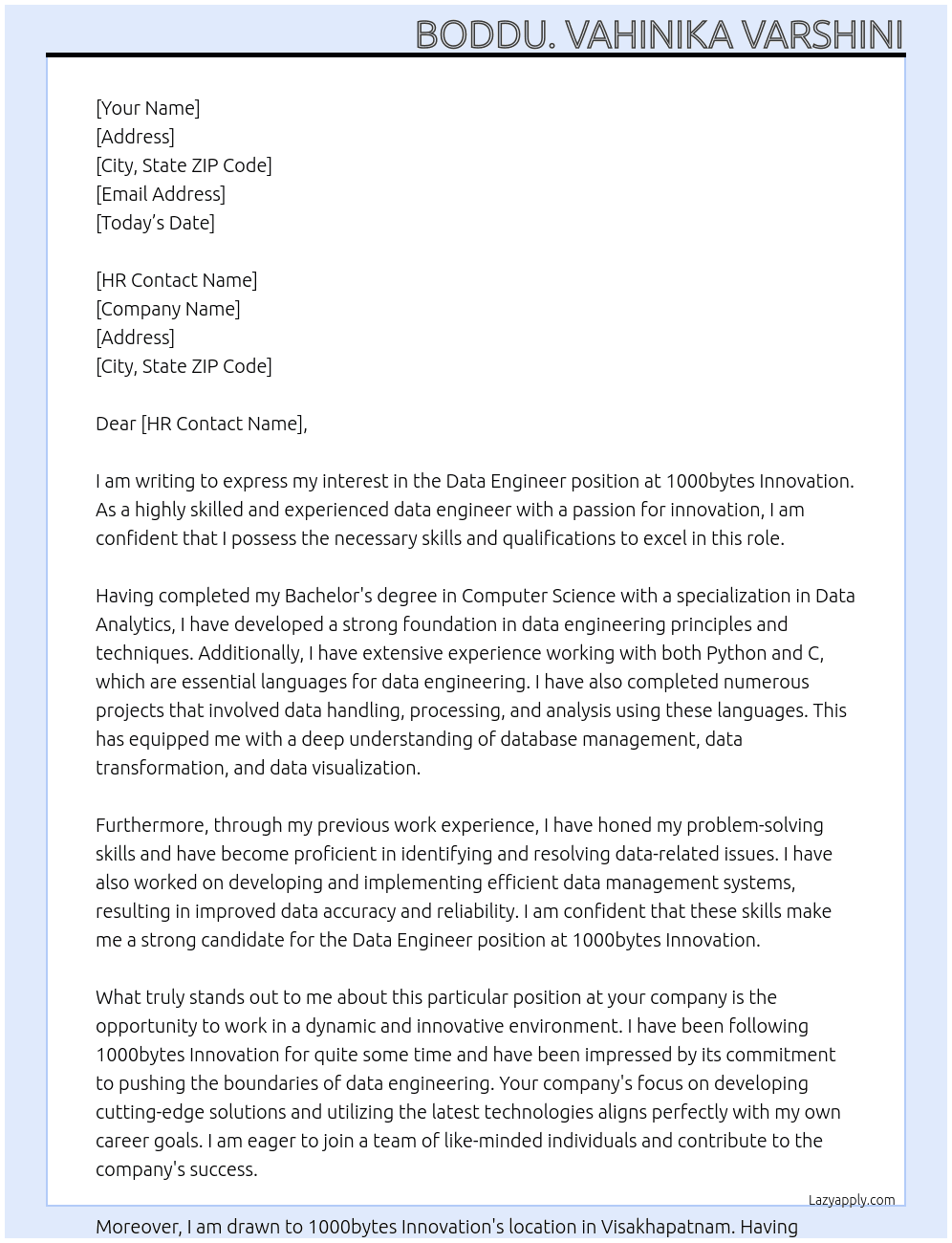 Data engineer  At 1000bytes innovation  Cover Letter