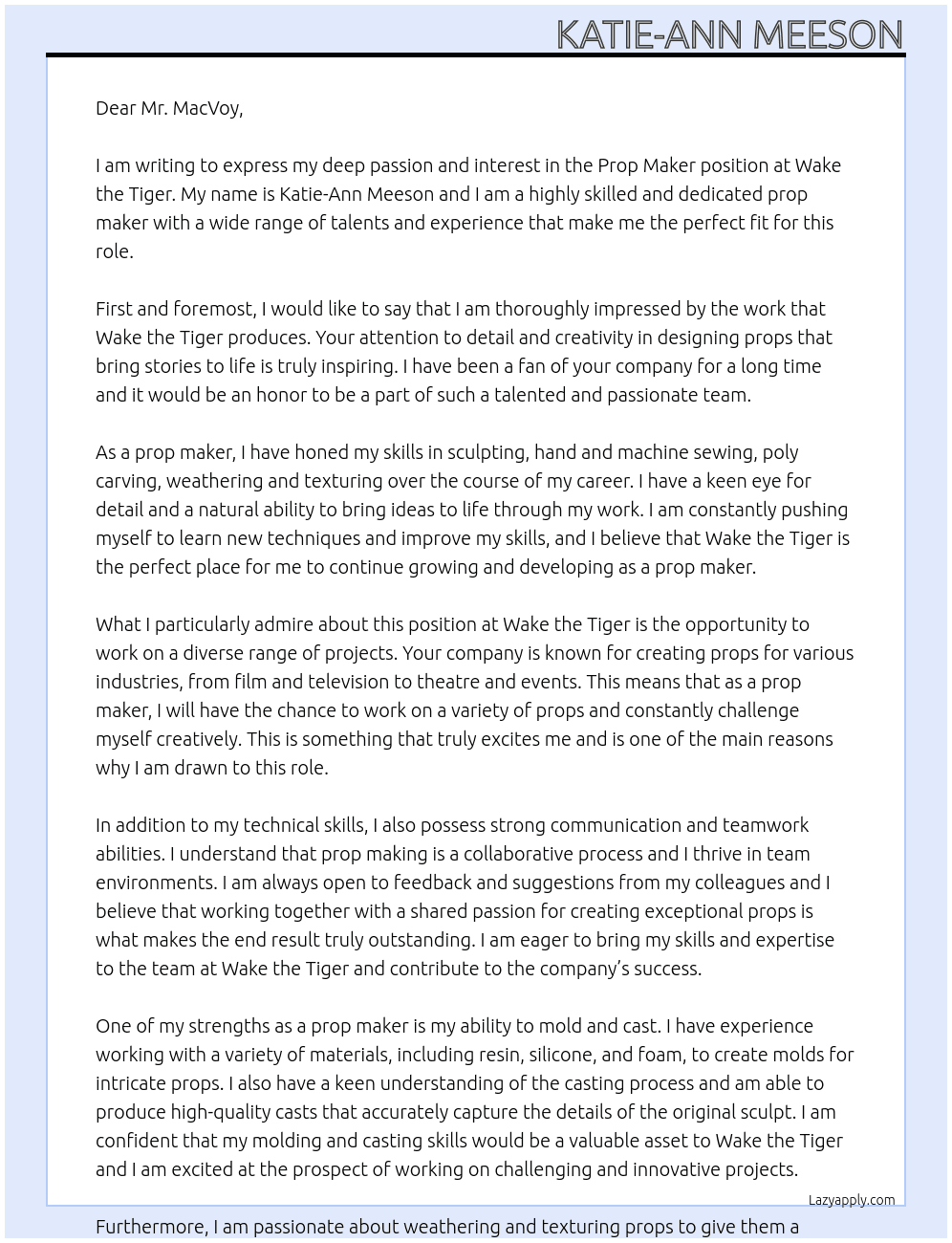 Prop Maker At Wake the Tiger Cover Letter