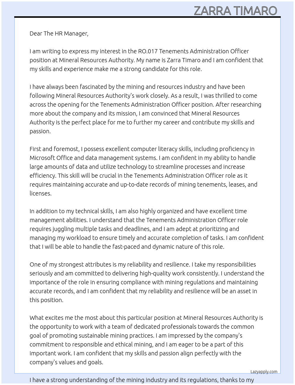 RO.017 Tenements Administration Officer At Mineral Resources Authority  Cover Letter