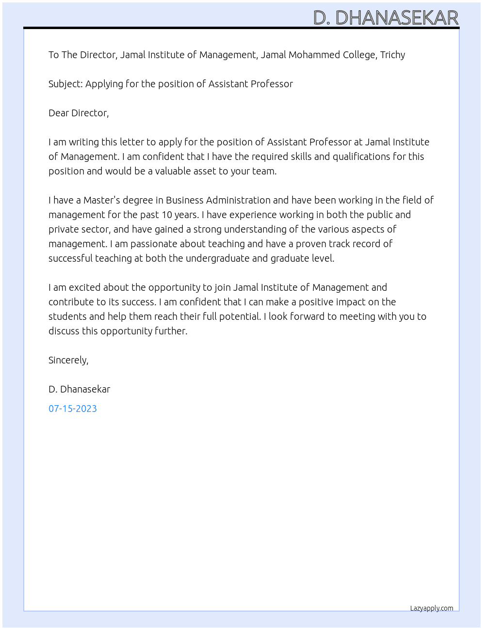 Assistant Professor At Jamal Institute of Management Cover Letter