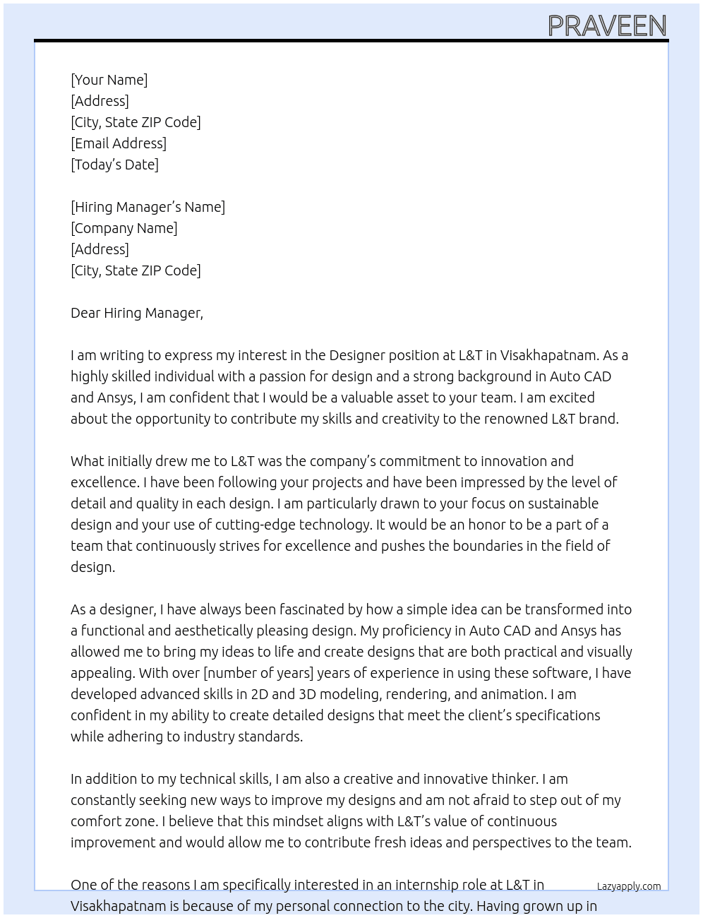 Designer At L & T Cover Letter