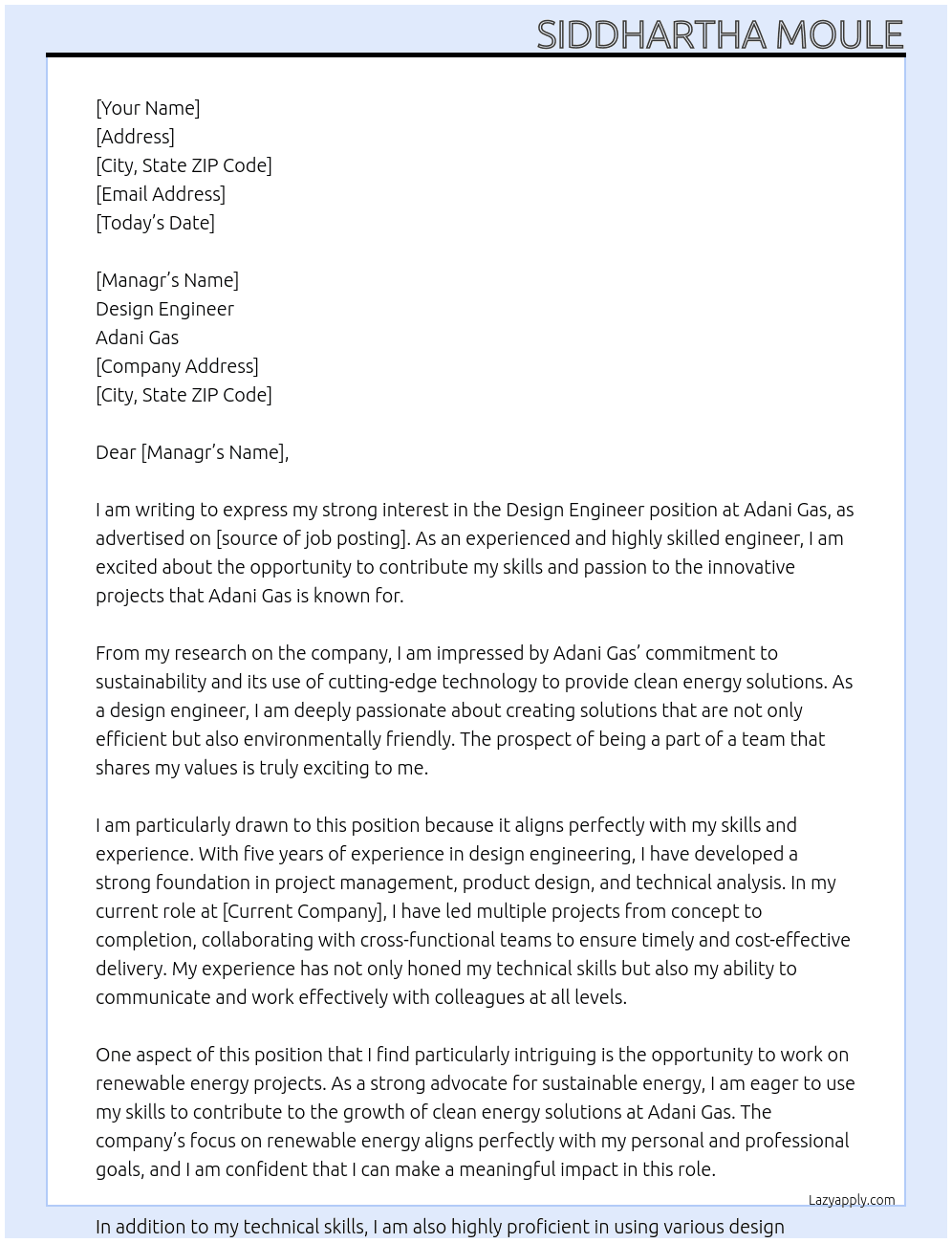 Design Engineer At Adani Gas Cover Letter